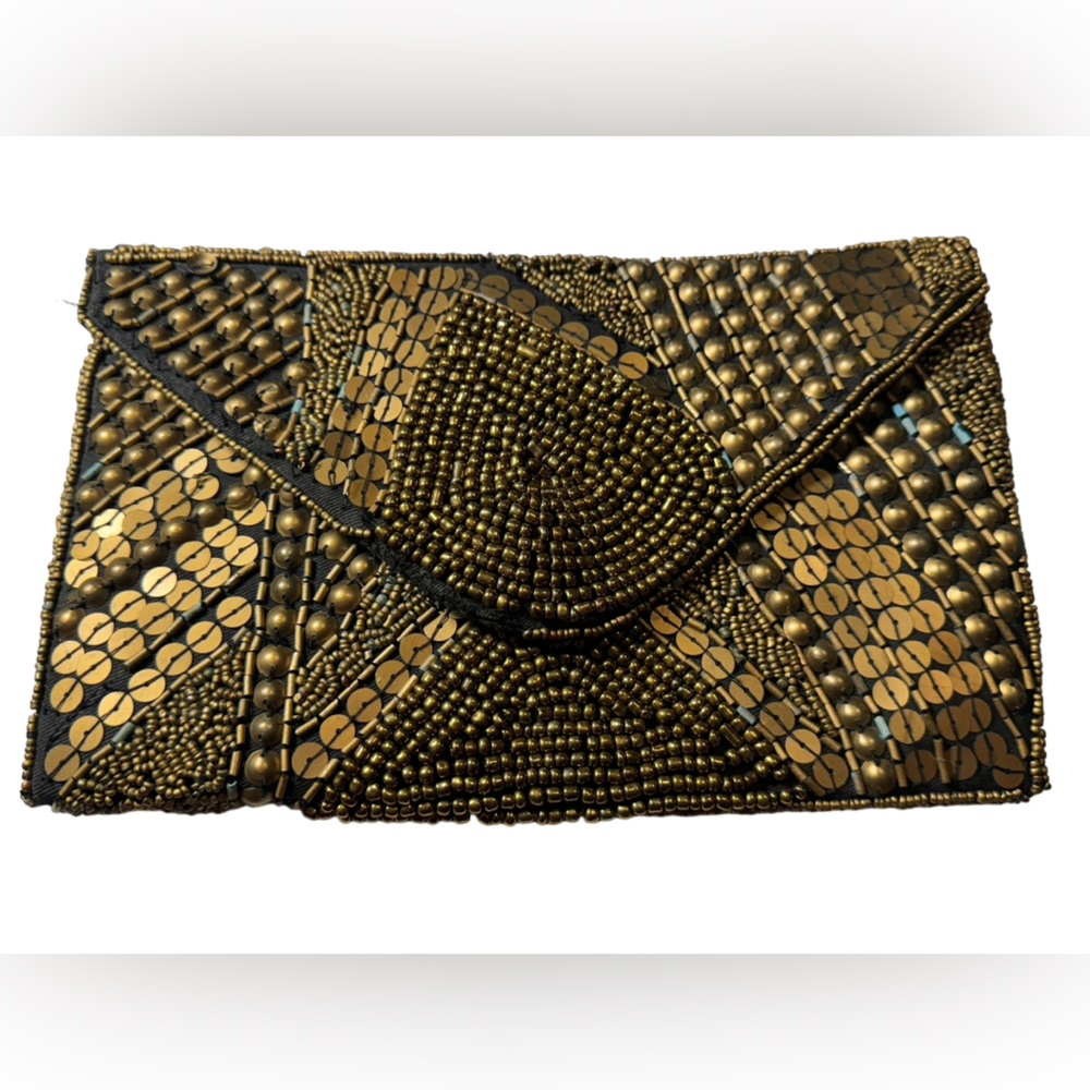 Nice Retro Brass Copper Tone Metallic Beaded Clutch Purse Bag Forever 21